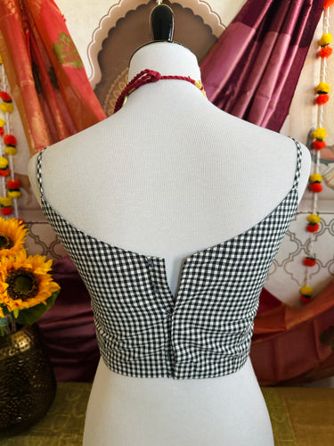 Ready To Wear Saree Blouse | Handwoven Cotton | Size 34 | Black and White Checks | Sphagetti Strap | Free Shipping | Ships from California
